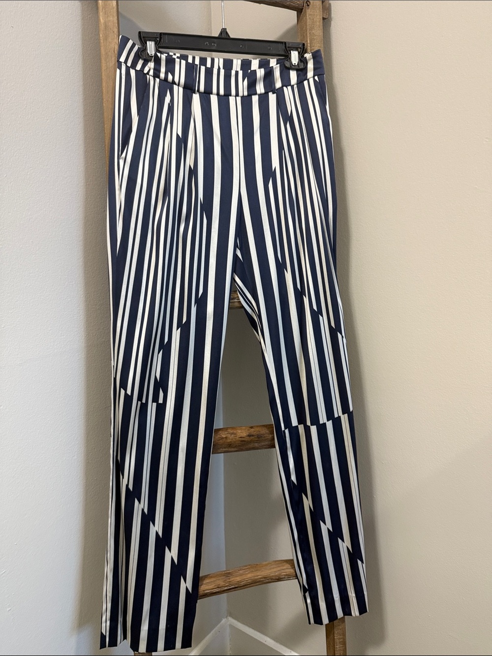 Thakoon Navy and White Vertical Stripe Silk Wide Leg Pants